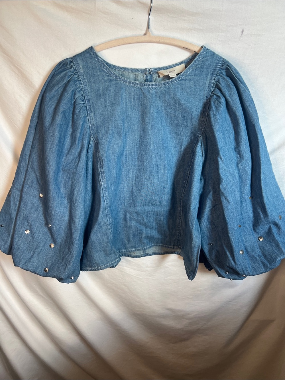 LOFT Light Blue Denim Puff-Sleeve Blouse with Sequin Detail - Picture 2 of 13